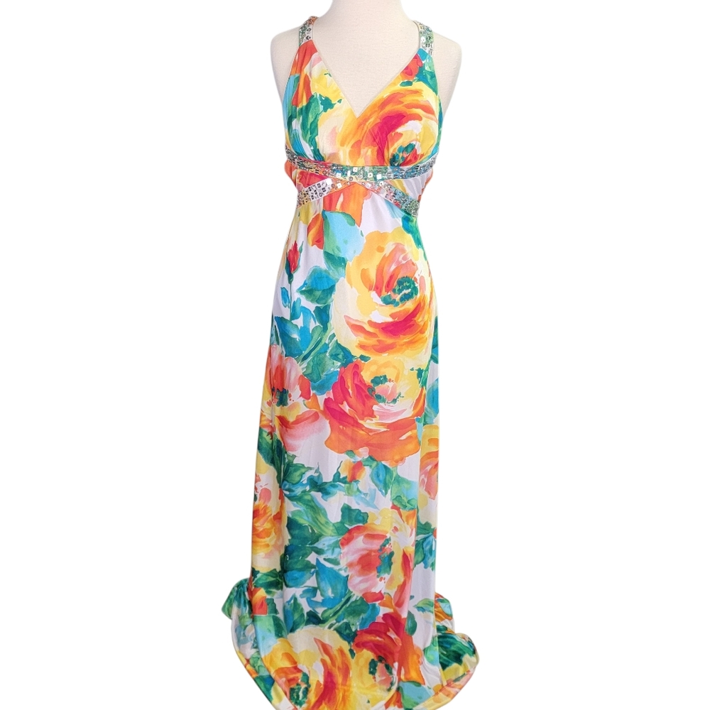Morgan & Co. multi-colored floral print gown with a beaded trim halter neck S